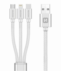 Swissten Textile Universal 3in1 USB-C / Lightning Data MFI / MircoUSB-кабель 1,2 м, Серебряный цена и информация | Кабели и провода | kaup24.ee