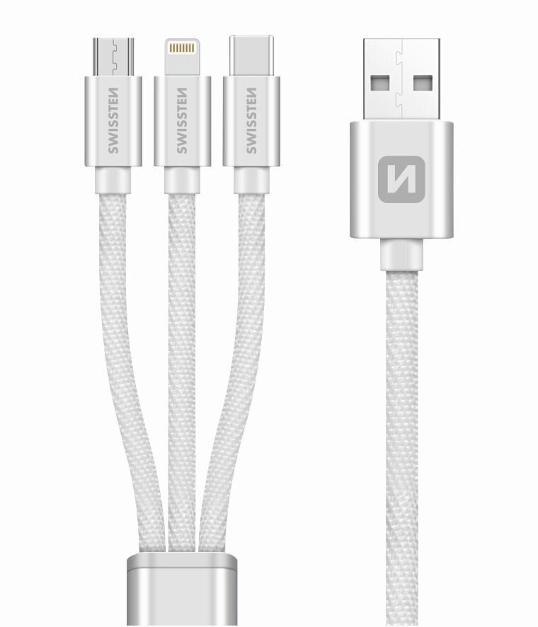 3in1 USB-C / Lightning / MircoUSB kaabel 1.2m Swissten Textile - hõbedane цена и информация | Kaablid ja juhtmed | kaup24.ee