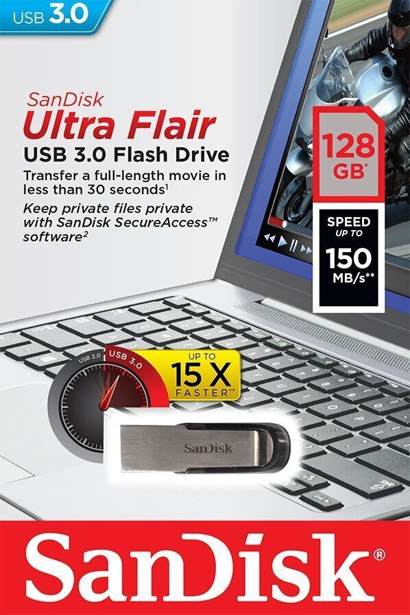 Mälupulk Sandisk Cruzer Ultra Flair 128GB USB 3.0 (transfer up to 150MB/s) hind ja info | Mälupulgad | kaup24.ee