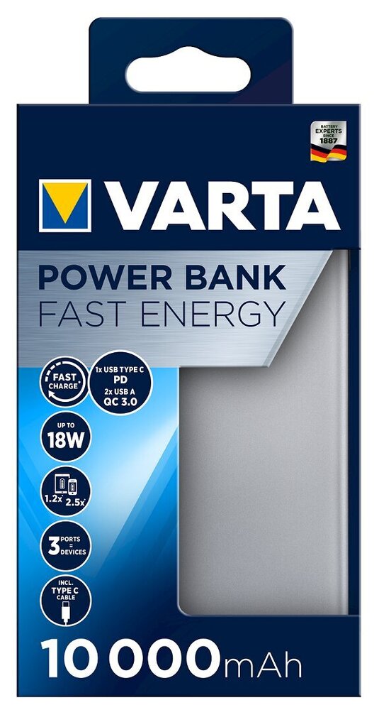 VARTA Power Bank Fast Energy 10000mAh Silver цена и информация | Akupangad | kaup24.ee