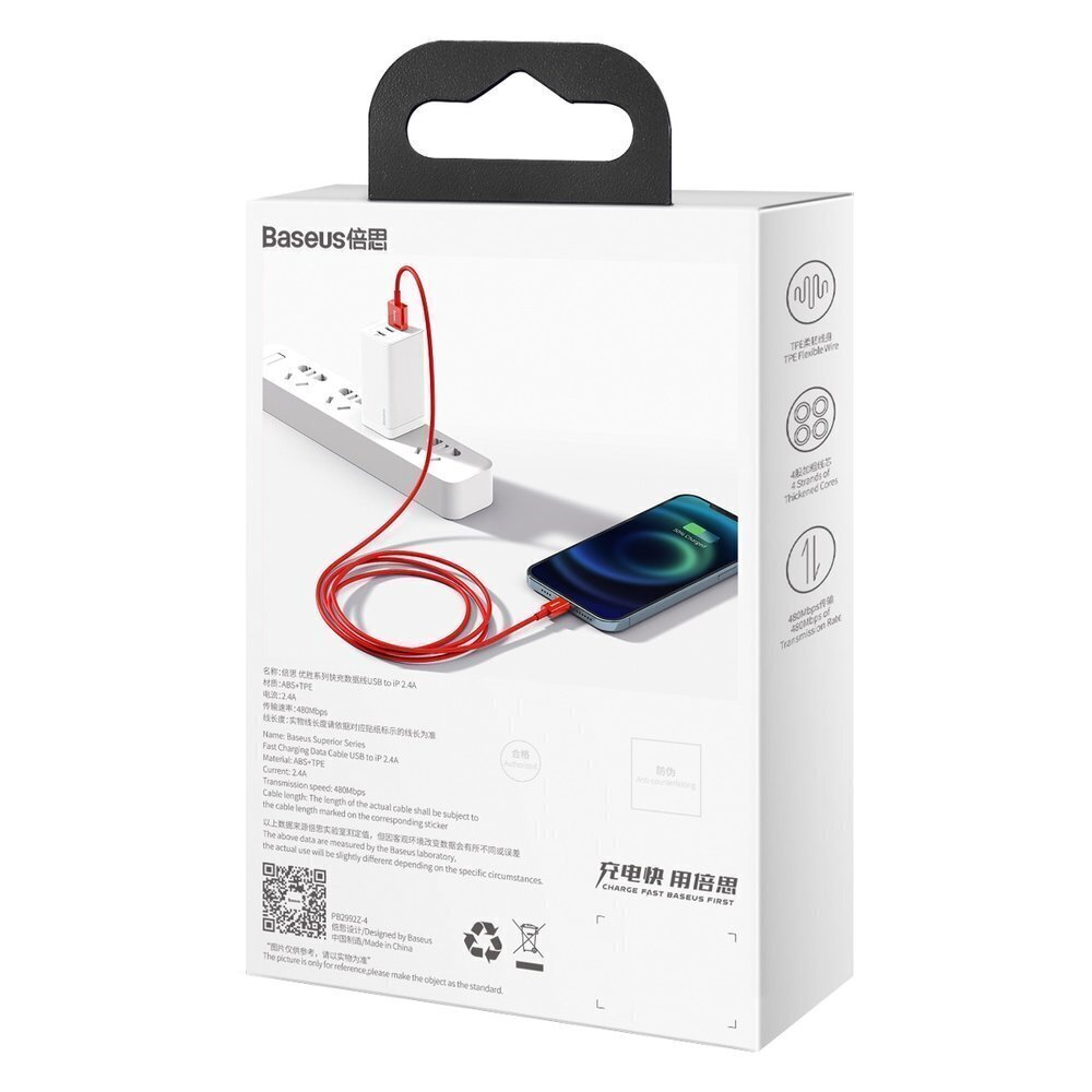 Kaabel Baseus Superior USB - Lightning, 2,4 A 1 m, punane (CALYS-A09) цена и информация | Mobiiltelefonide kaablid | kaup24.ee