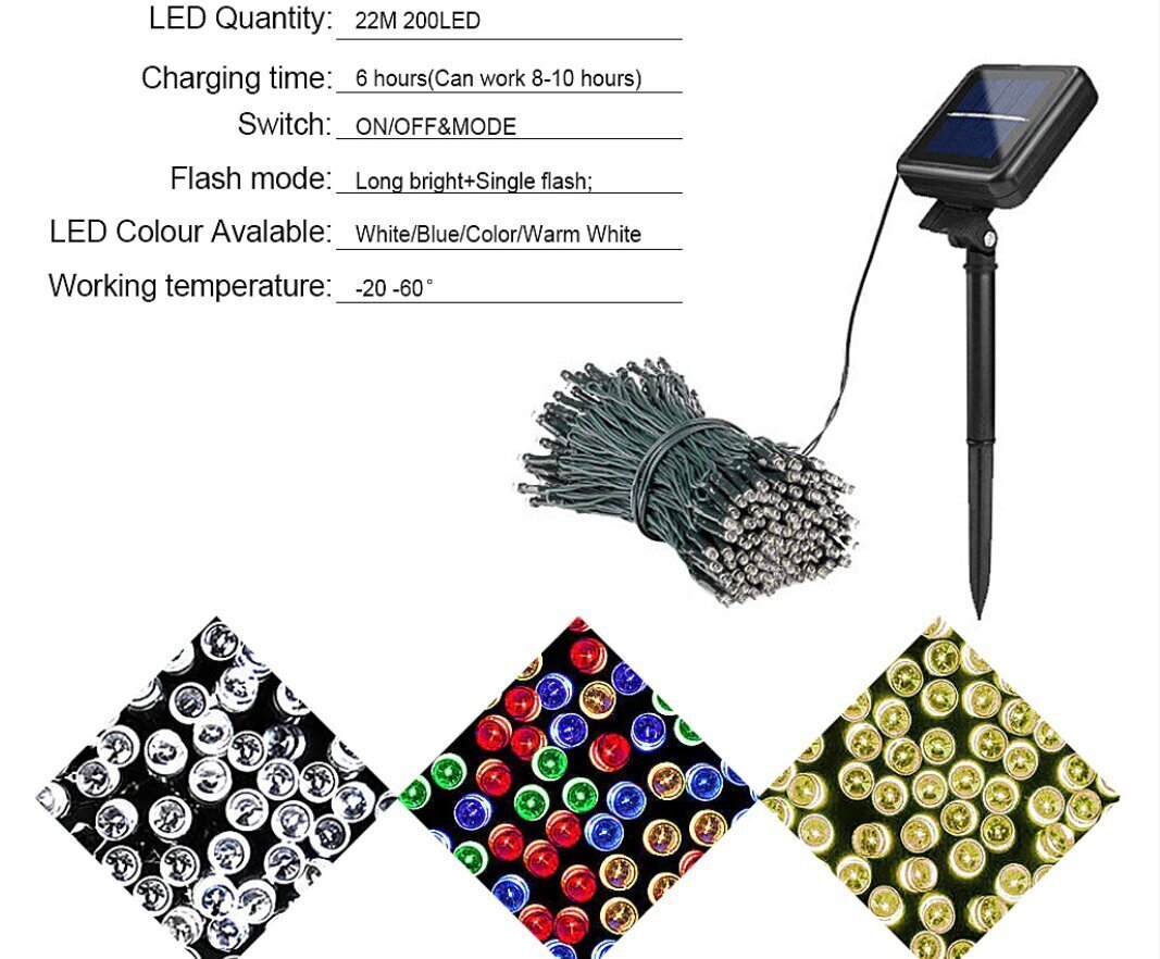 Jõulutuled, veekindlad, päikesepatareiga, 22 m, 200 Led hind ja info | Jõulutuled | kaup24.ee