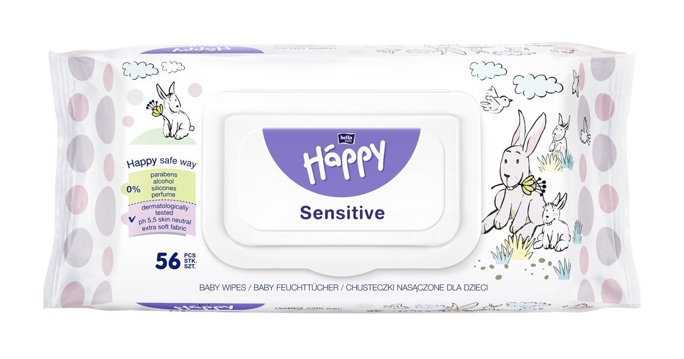 Niisked salvrätikud lastele Happy Sensitive aaloe vera ekstraktiga, 56 tk hind ja info | Niisked salvrätikud | kaup24.ee