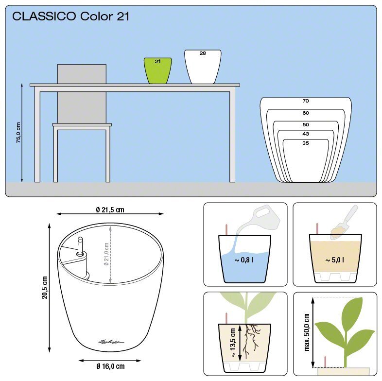 LECHUZA taimekast "CLASSICO Color 21 ALL-IN-ONE", kilt hind ja info | Dekoratiivsed lillepotid | kaup24.ee