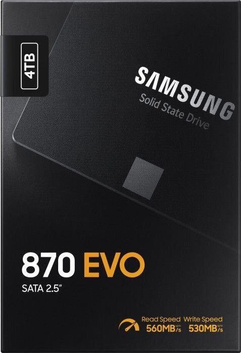 SSD|SAMSUNG|870 EVO|4TB|SATA|SATA 3.0|MLC|Kirjutuskiirus 530 MBait/sek|Lugemiskiirus 560 MBait/sek|2,5"|MTBF 1500000 tundi|MZ-77E4T0B/EU цена и информация | Sisemised kõvakettad (HDD, SSD, Hybrid) | kaup24.ee