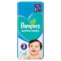 Подгузники «Pampers» Active Baby, Размер 3, Midi, 6-10 кг, 58 шт цена и информация | Пеленки | kaup24.ee