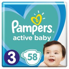 Подгузники «Pampers» Active Baby, Размер 3, Midi, 6-10 кг, 58 шт цена и информация | Пеленки | kaup24.ee