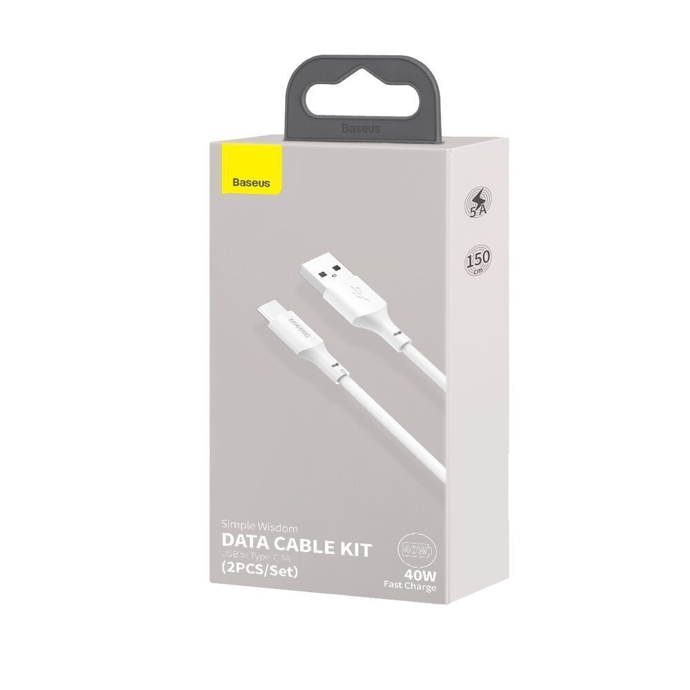 USB-kaabli komplekt Baseus Simple Wisdom Data Cable Kit USB to Type-C 5A (2PCS/Set) 1.5m valge TZCATZJ-02 цена и информация | Mobiiltelefonide kaablid | kaup24.ee