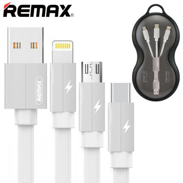 Remax Kerolla RC-094. lame USB-mikro-USB / välk / USB-C kaabel kangapunutisega 2.4A 1M. (Valge) hind ja info | Mobiiltelefonide kaablid | kaup24.ee