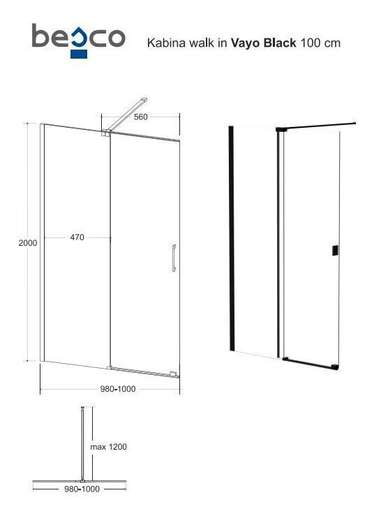 Walk-In dušikabiin Besco Vayo Black, 100,110,120 x 200 cm цена и информация | Dušikabiinide uksed ja seinad | kaup24.ee