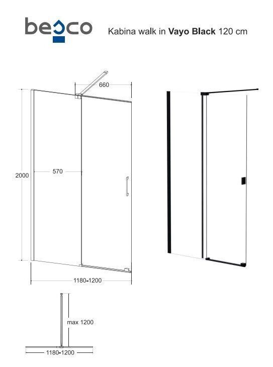 Walk-In dušikabiin Besco Vayo Black, 100,110,120 x 200 cm hind ja info | Dušikabiinide uksed ja seinad | kaup24.ee