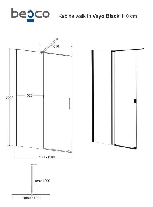 Walk-In dušikabiin Besco Vayo Black, 100,110,120 x 200 cm hind ja info | Dušikabiinide uksed ja seinad | kaup24.ee