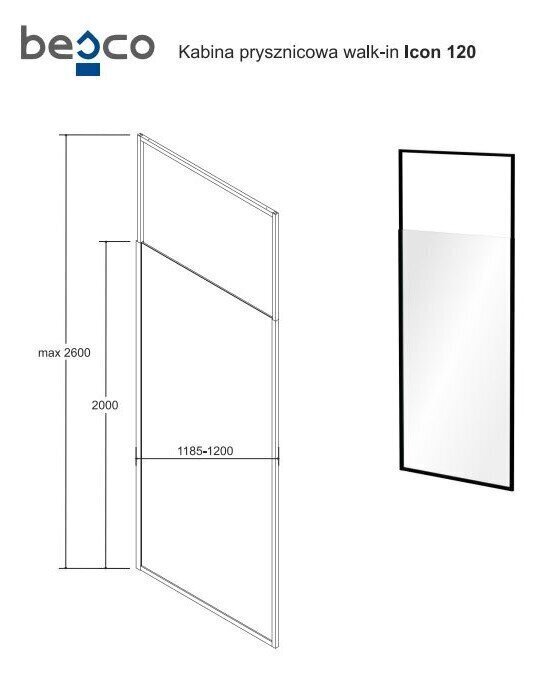 Walk-In dušikabiin Besco Icon, 100,110,120 x 200 cm hind ja info | Dušikabiinide uksed ja seinad | kaup24.ee