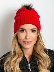 Müts punutud punutise ja karvase tutiga punane Universaalne цена и информация | Женские шапки | kaup24.ee