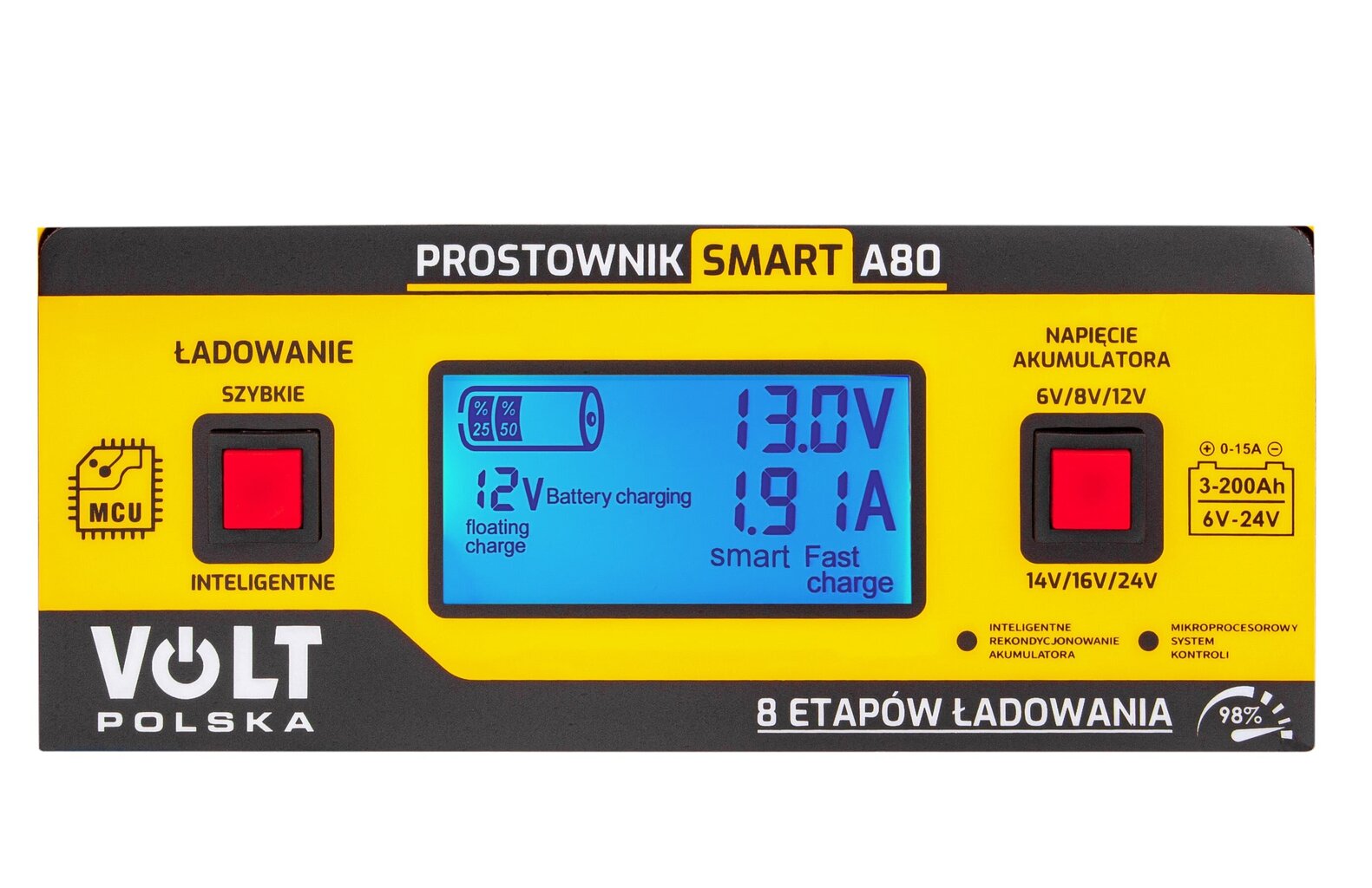 Universaalne mikroprotsessori akulaadija Volt Polska LCD 6/8/12/14/16/24V 15A SMART A80 hind ja info | Auto akulaadijad | kaup24.ee