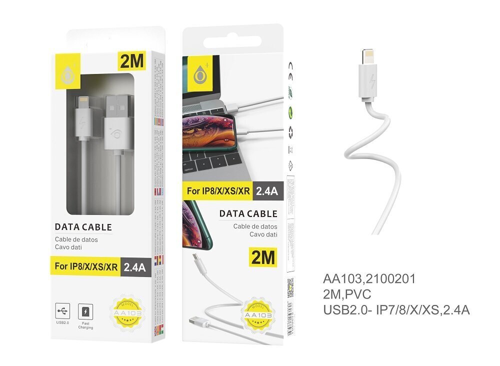 Kaabel Iphone5/6/7 2m 2.4A OnePlus valge hind ja info | Mobiiltelefonide kaablid | kaup24.ee