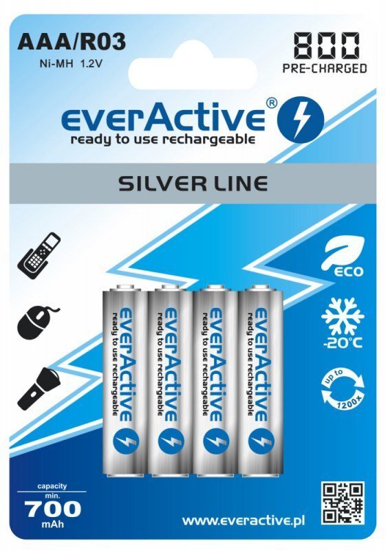 Akud everActive Silver Line Ready to Use 800mAh AAA, 4 tk цена и информация | Patareid | kaup24.ee