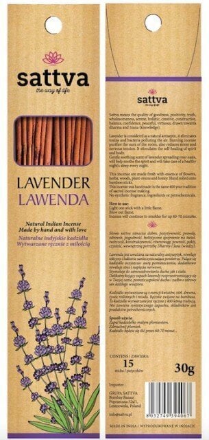 Lavendlilõhnalised viirukipulgad Sattva Ayurveda Lavender, 15 tk цена и информация | Kodulõhnastajad | kaup24.ee