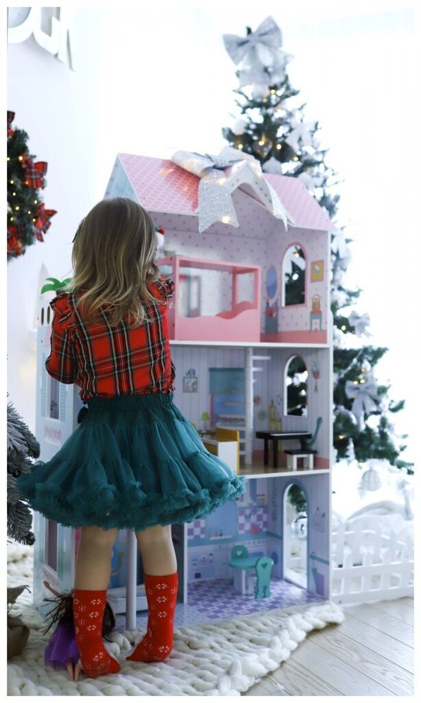 XXL Kõige suurem puidust nukumaja - 123 cm - LED-valgustus - terrass, tarvikud, aed hind ja info | Tüdrukute mänguasjad | kaup24.ee