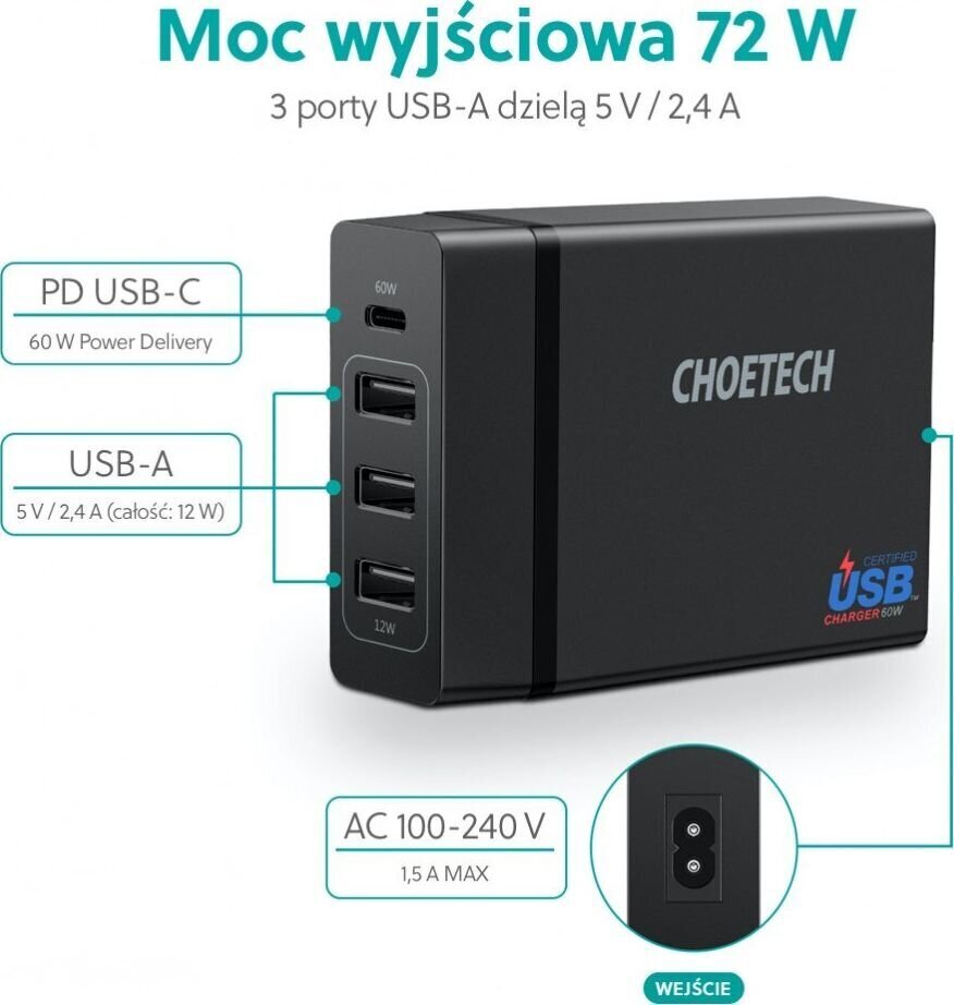 Choetech PD72-1C3U цена и информация | Mobiiltelefonide laadijad | kaup24.ee