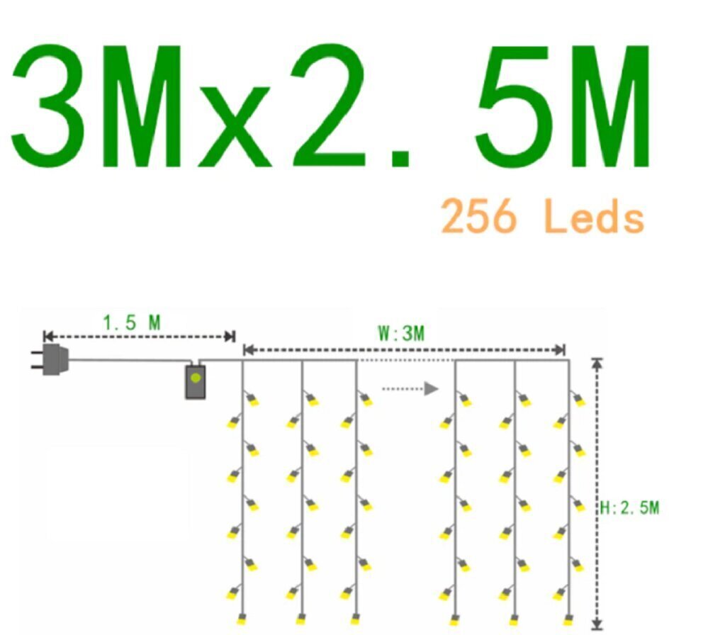 Led kardin, 256 LED 3x2,5 m, soe valge. цена и информация | Jõulutuled | kaup24.ee