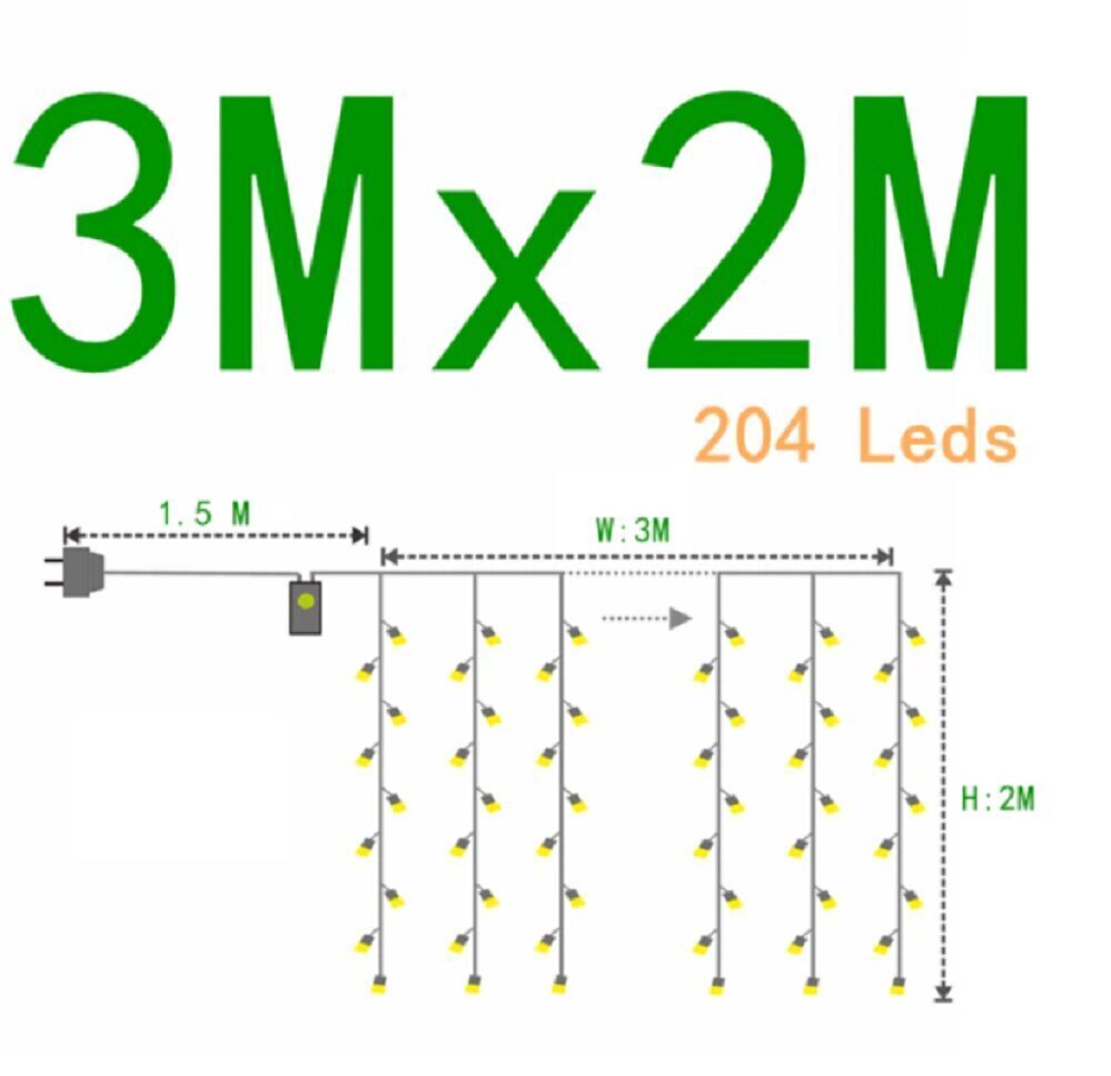 Led kardin, 204 LED 3x2 m, valge. hind ja info | Jõulutuled | kaup24.ee