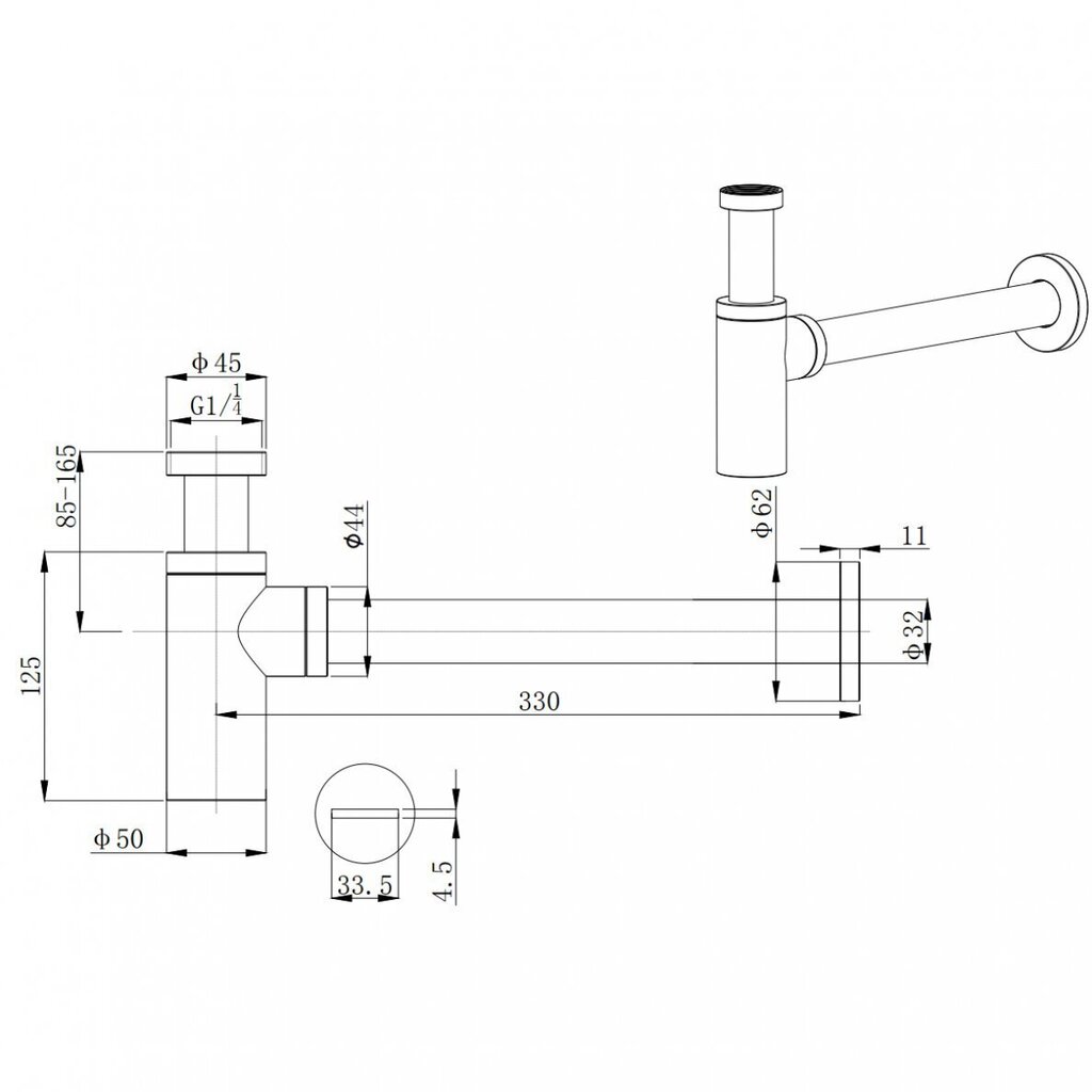 Valamu sifoon, kroomitud must poleeritud (brushed Gun metal) SFGM330 hind ja info | Sifoonid | kaup24.ee