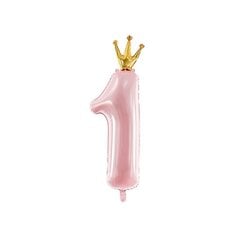 Фольгированный воздушный шар "1 с короной" розовый, 90см цена и информация | Гудки для вечеринки Clown Face (4шт.) | kaup24.ee