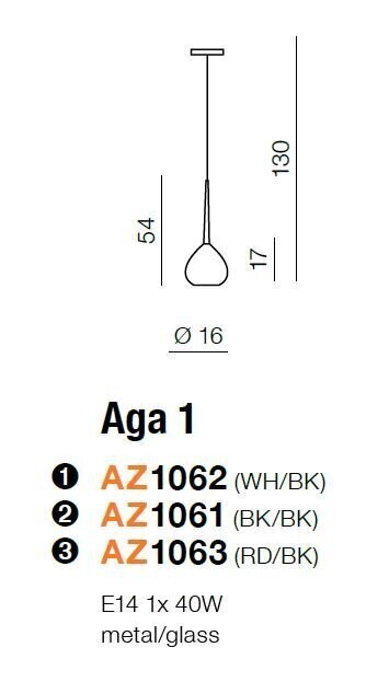 Azzardo rippvalgusti Aga 1 Red/Black hind ja info | Rippvalgustid | kaup24.ee