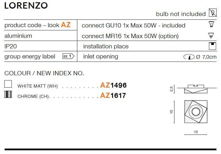 Sisseehitatud lamp Azzardo Lorenzo White hind ja info | Süvistatavad ja LED valgustid | kaup24.ee