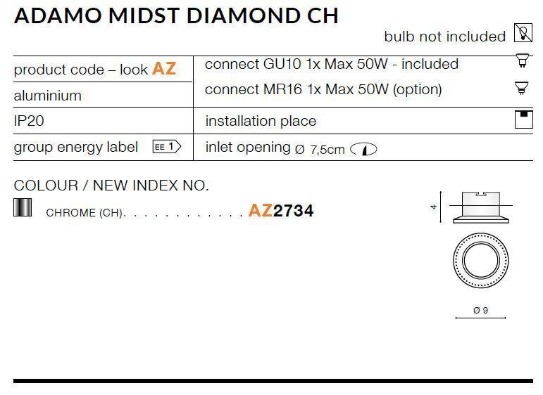 Sisseehitatud valgusti Azzardo Adamo Diamond Chrome цена и информация | Süvistatavad ja LED valgustid | kaup24.ee