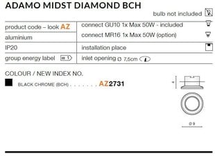 Azzardo встраиваемый светильник Adamo Diamond Black цена и информация | Монтируемые светильники, светодиодные панели | kaup24.ee