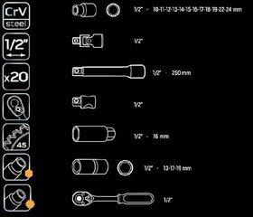Tööriistakomplekt 1/2, 20 tk, NEO (08-661) цена и информация | Механические инструменты | kaup24.ee