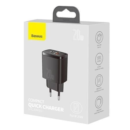 Laadija Baseus CCXJ-B01 USB + Type-C 20W must hind ja info | Mobiiltelefonide laadijad | kaup24.ee