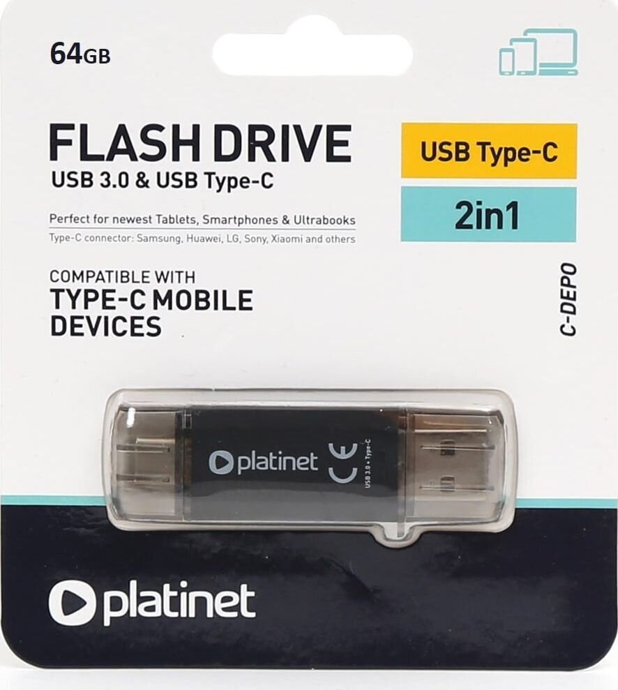 Mälupulk Platinet 64GB USB 3.0 + Type-C hind ja info | Mälupulgad | kaup24.ee