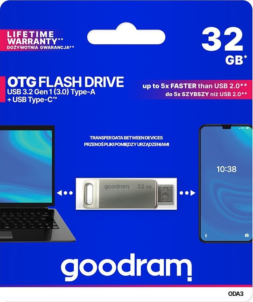 Mälupulk Goodram 32GB dual USB-A+USB-C, USB3.2 hõbedane hind ja info | Mälupulgad | kaup24.ee