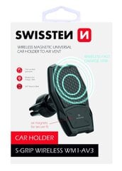 Универсальный держатель с беспроводной зарядкой Swissten WM1-AV3 Air Vent + Micro USB провод, 1.2 м, черный цена и информация | Mobiiltelefonide hoidjad | kaup24.ee