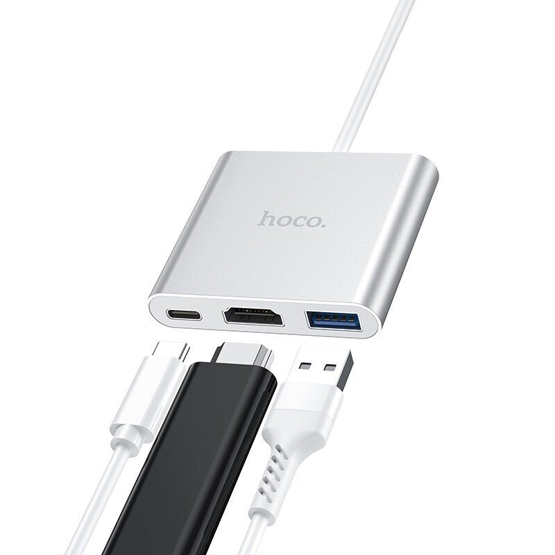 Hub adapter Hoco HB14 Type-C / USB-C kuni USB3.0 + HDMI + PD, hõbedane 3in1 hind ja info | USB jagajad, adapterid | kaup24.ee