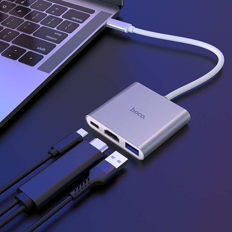 Hub adapter Hoco HB14 Type-C / USB-C kuni USB3.0 + HDMI + PD, hõbedane 3in1 hind ja info | USB jagajad, adapterid | kaup24.ee