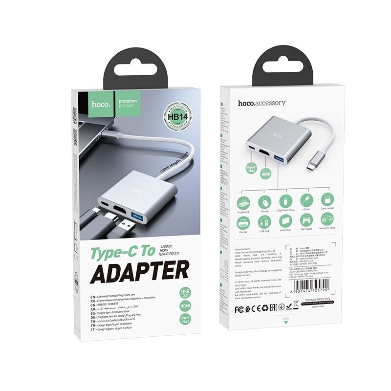 Hub adapter Hoco HB14 Type-C / USB-C kuni USB3.0 + HDMI + PD, hõbedane 3in1 hind ja info | USB jagajad, adapterid | kaup24.ee