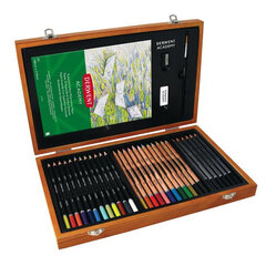 Набор для творчества в деревянной коробке Derwent Academy 30шт: 12 цветных/12 акварельных/6 эскизных карандашей + ластик, блок A5 + кисть цена и информация | Принадлежности для рисования, лепки | kaup24.ee