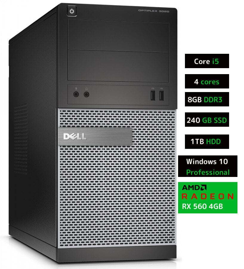 Dell 3020 MT i5-4570 8GB 240GB SSD 1TB HDD RX560 4GB Windows 10 Professional цена и информация | Lauaarvutid | kaup24.ee