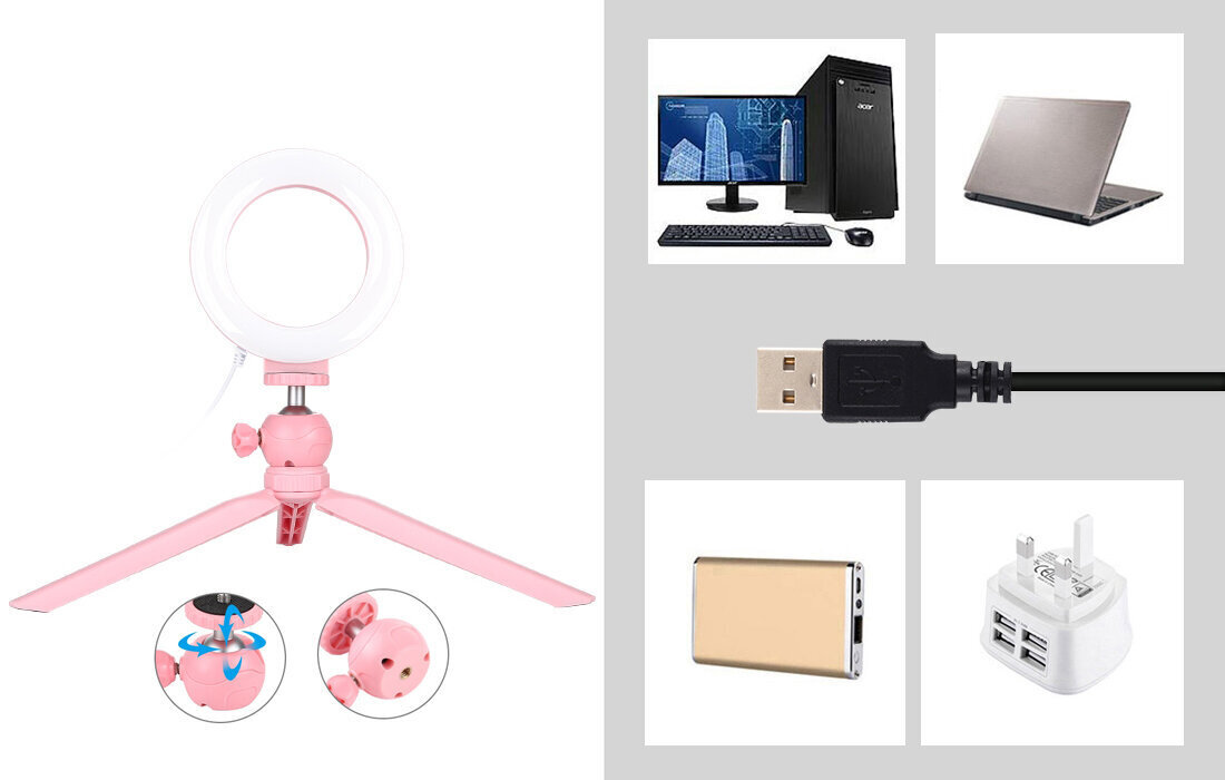 Puluz statiiv LED rõngaslambiga 16 cm, roosa hind ja info | Fotovalgustuse seadmed | kaup24.ee