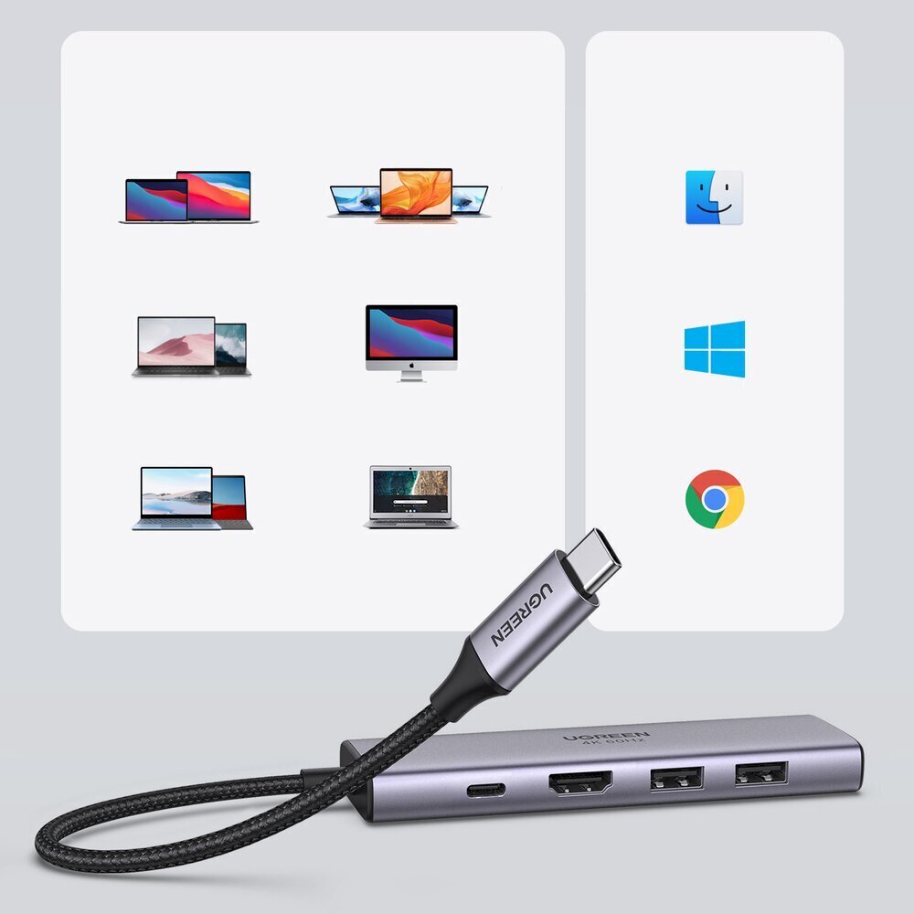 Ugreen 6in1 multifunctional USB Type C HUB - 2x USB 3.2 Gen 1 / HDMI 4K 60Hz / SD and TF memory card reader / USB Type C PD 100W gray (60384 CM511) hind ja info | Mobiiltelefonide kaablid | kaup24.ee