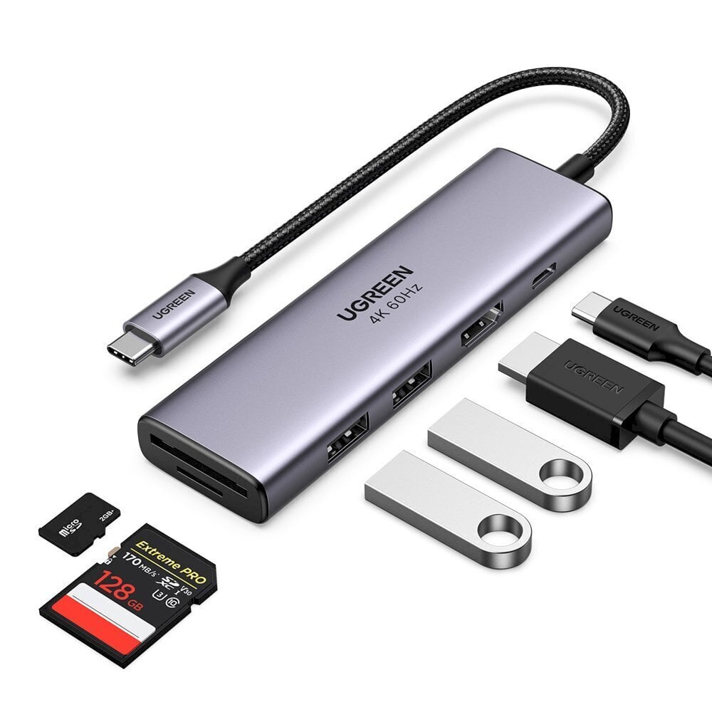 Ugreen 6in1 multifunctional USB Type C HUB - 2x USB 3.2 Gen 1 / HDMI 4K 60Hz / SD and TF memory card reader / USB Type C PD 100W gray (60384 CM511) hind ja info | Mobiiltelefonide kaablid | kaup24.ee