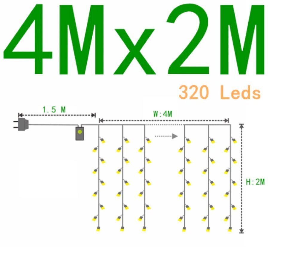 Led kardin, 320 Led, 4 x 2 m, soe valge цена и информация | Jõulutuled | kaup24.ee