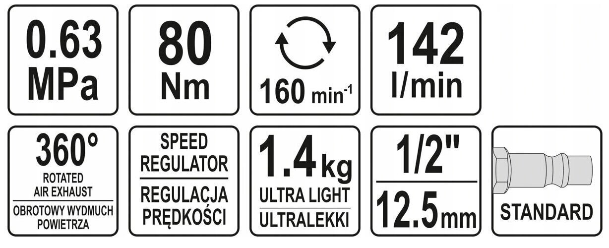 Pneumaatiline käepide YATO peadele 12,5 mm (1/2") 80Nm hind ja info | Akutrellid, kruvikeerajad | kaup24.ee