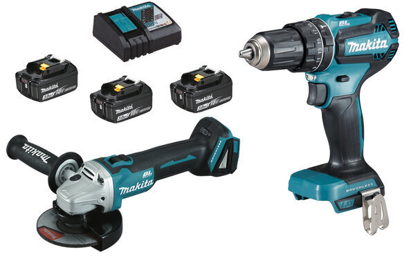 Combokit DLX2334J juhtmeta löökdraiver Makita DHP485Z ja nurklihvija DGA504Z, 18 V, 3 x 3 Ah, laadija + kandekott цена и информация | Akutrellid, kruvikeerajad | kaup24.ee