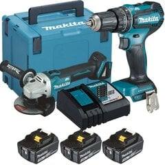 Combokit DLX2334J Аккумуляторный ударный шуруповерт Makita DHP485Z и угловая шлифовальная машина DGA504Z, 18 В, 3 x 3 Ач, зарядное устройство + сумка для переноски цена и информация | Шуруповерты, дрели | kaup24.ee