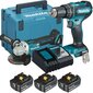 Combokit DLX2334J juhtmeta löökdraiver Makita DHP485Z ja nurklihvija DGA504Z, 18 V, 3 x 3 Ah, laadija + kandekott цена и информация | Akutrellid, kruvikeerajad | kaup24.ee